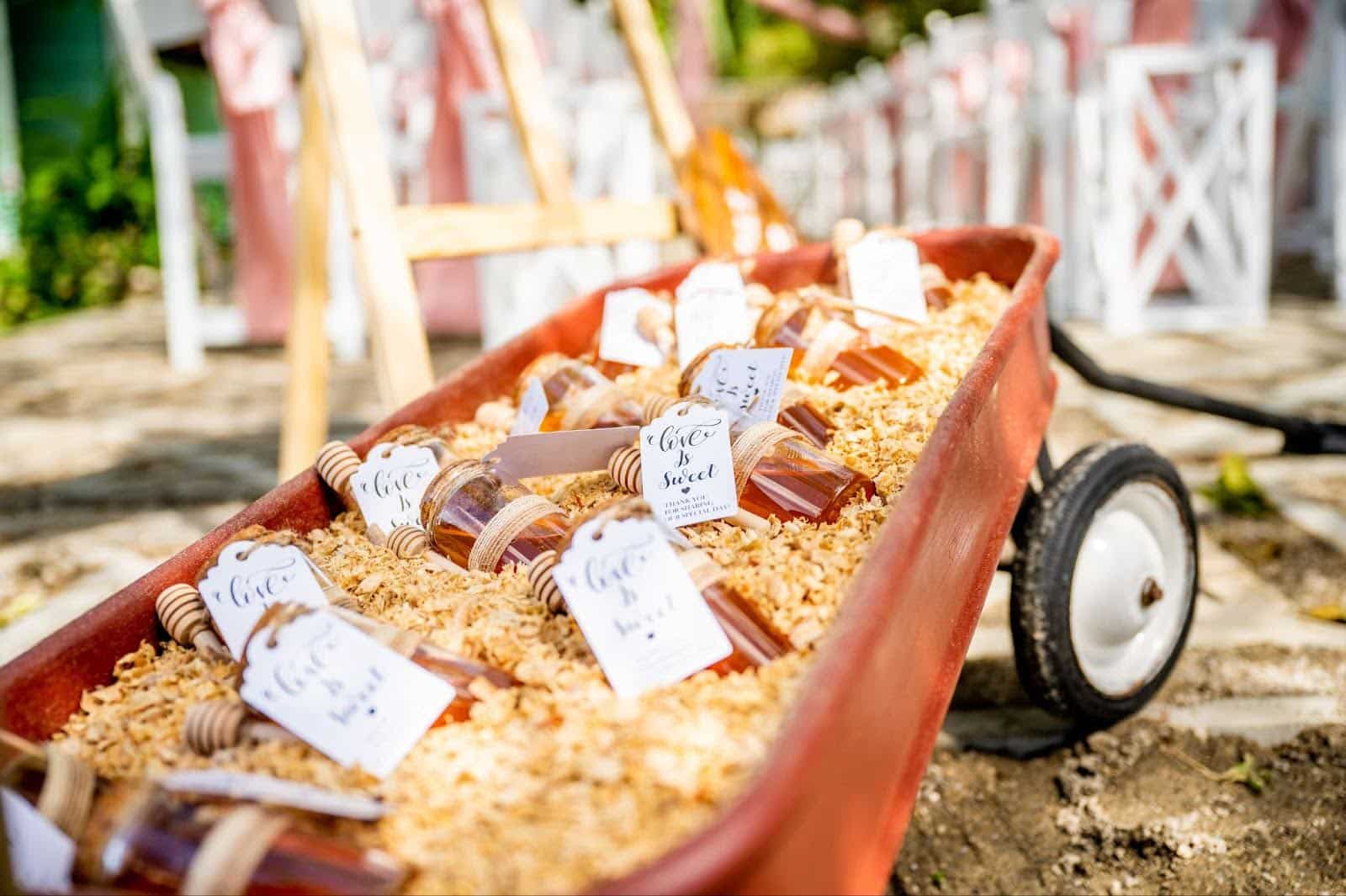 rustic wedding favors honey in wagon